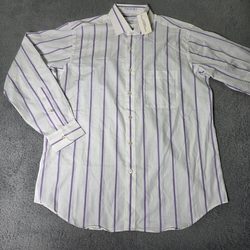 Perry Ellis Mens 16 32-33 Dress Shirt White Purple Striped Long Sleeve Button Up